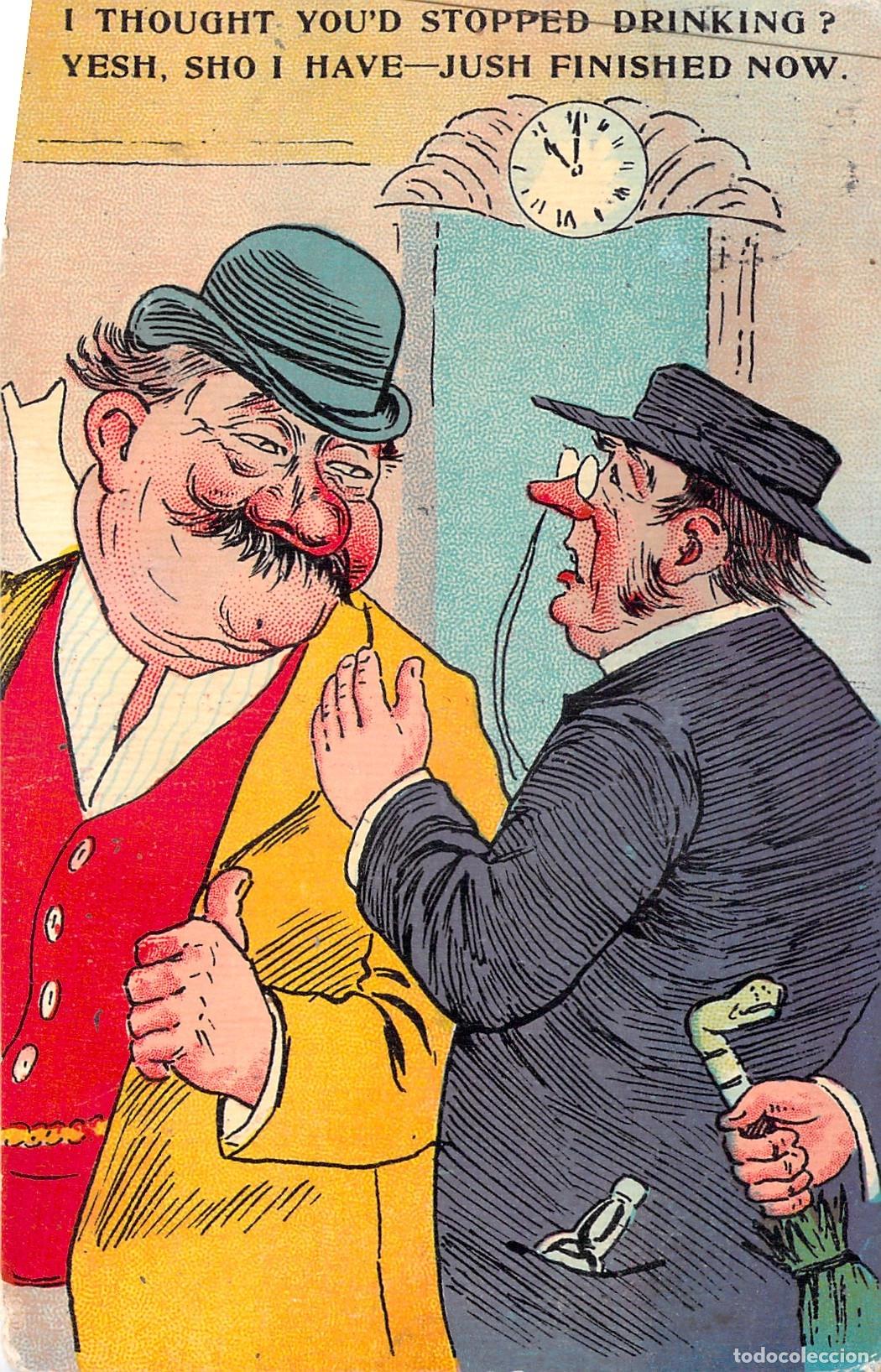 Postales: Postal C&oacute;mica de Humor Brit&aacute;nico sobre Caballeros y Bebida