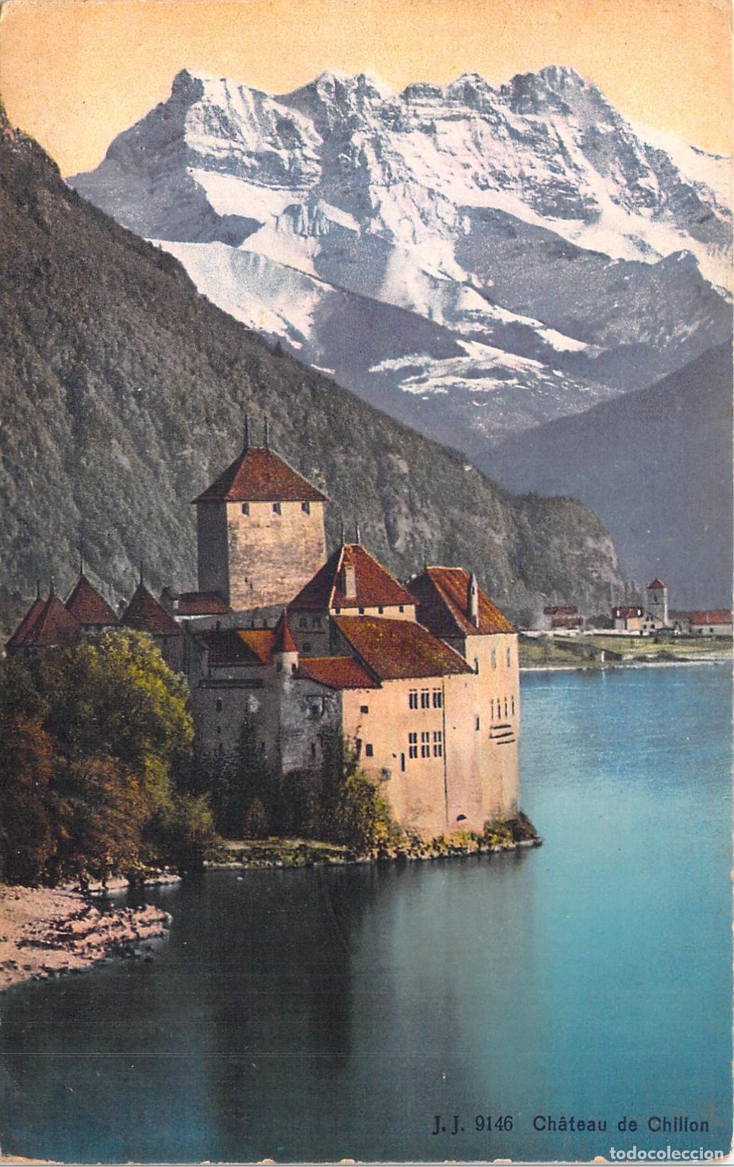 Postales: Tarjeta Postal del Castillo de Chillon y los Alpes en Suiza