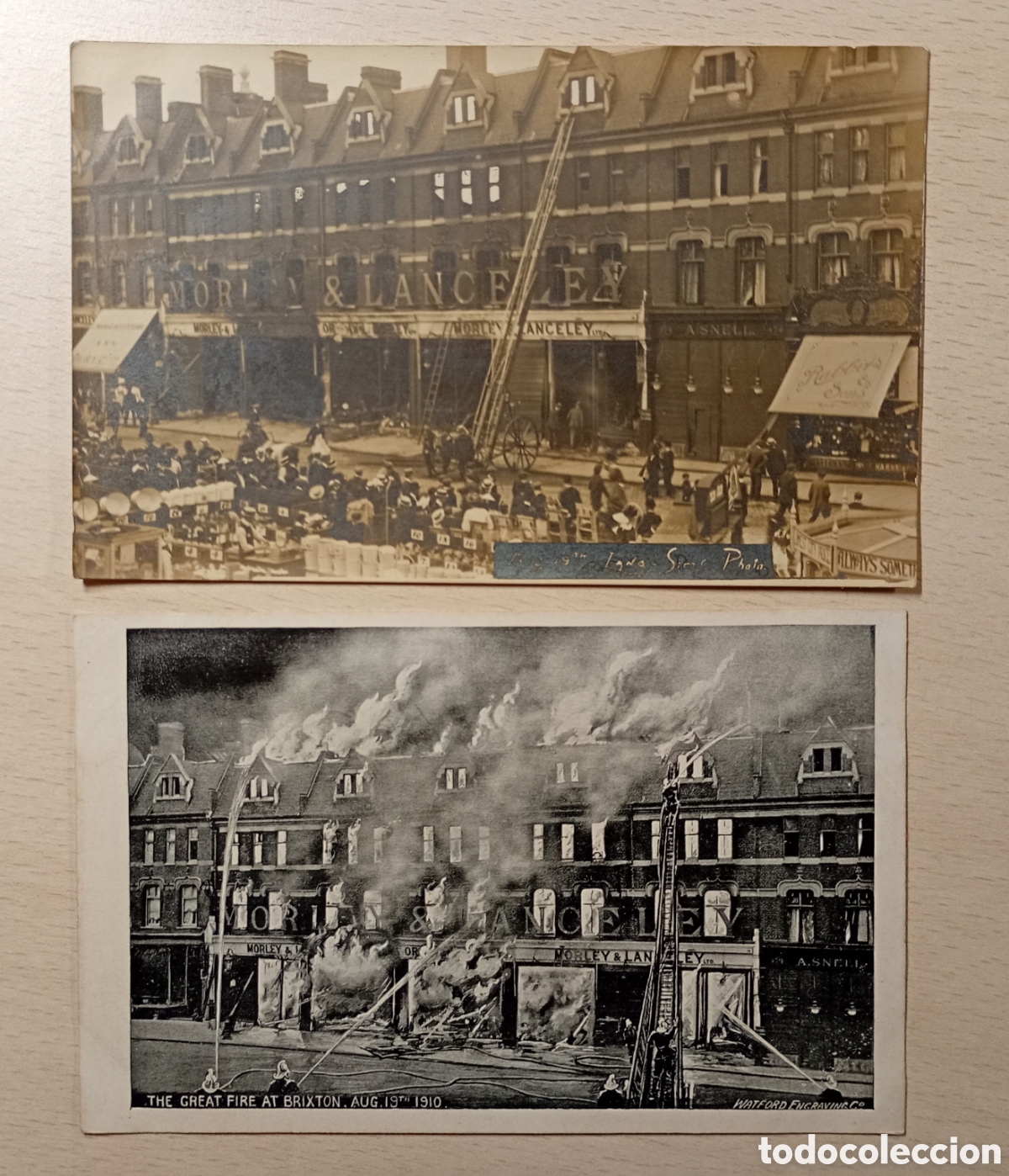 Postales: Morley & Lanceley. Incendio almacenes Brixton. Londres. 1910. 2 postales.