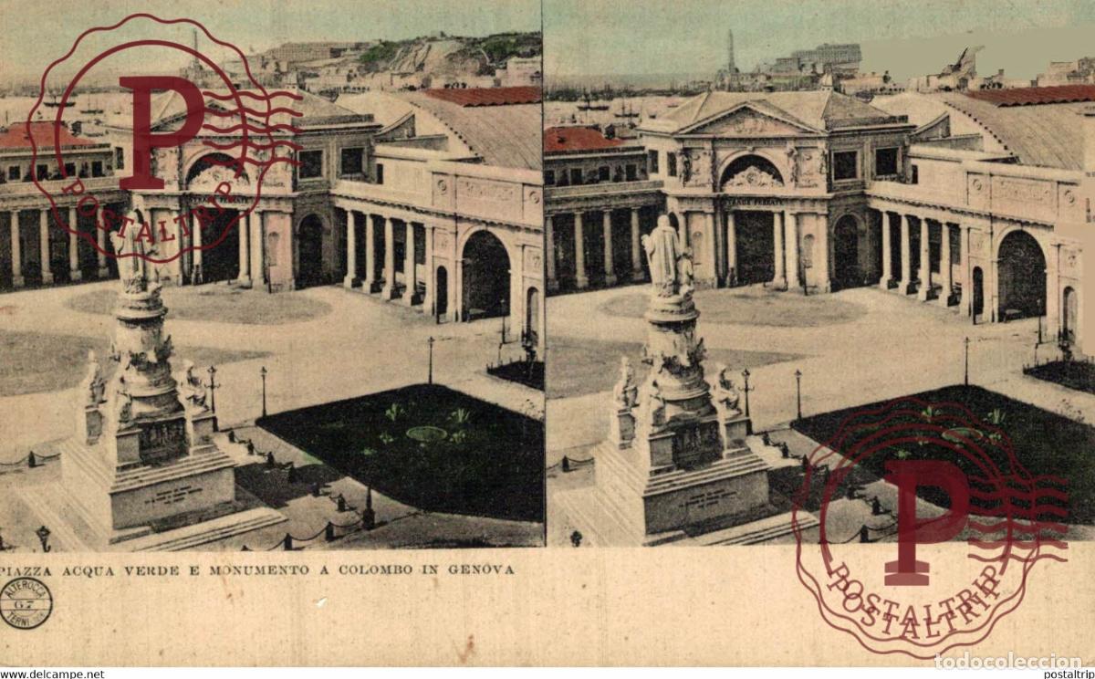 Cartes Postales: Genova - Piazza dellAcqua Verde col Monumento a Colombo SEE CORNER STEREO estereosc&oacute;pica ITALY I