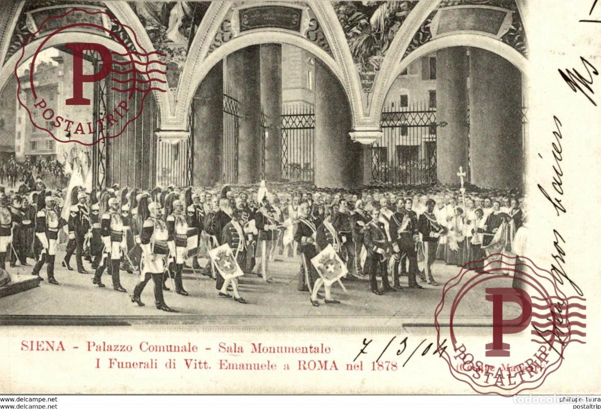 Postales: 1904 Siena Palazzo Comunale Funerali di Vitt Emanuele a Roma nel 1887 sala Monumentale
