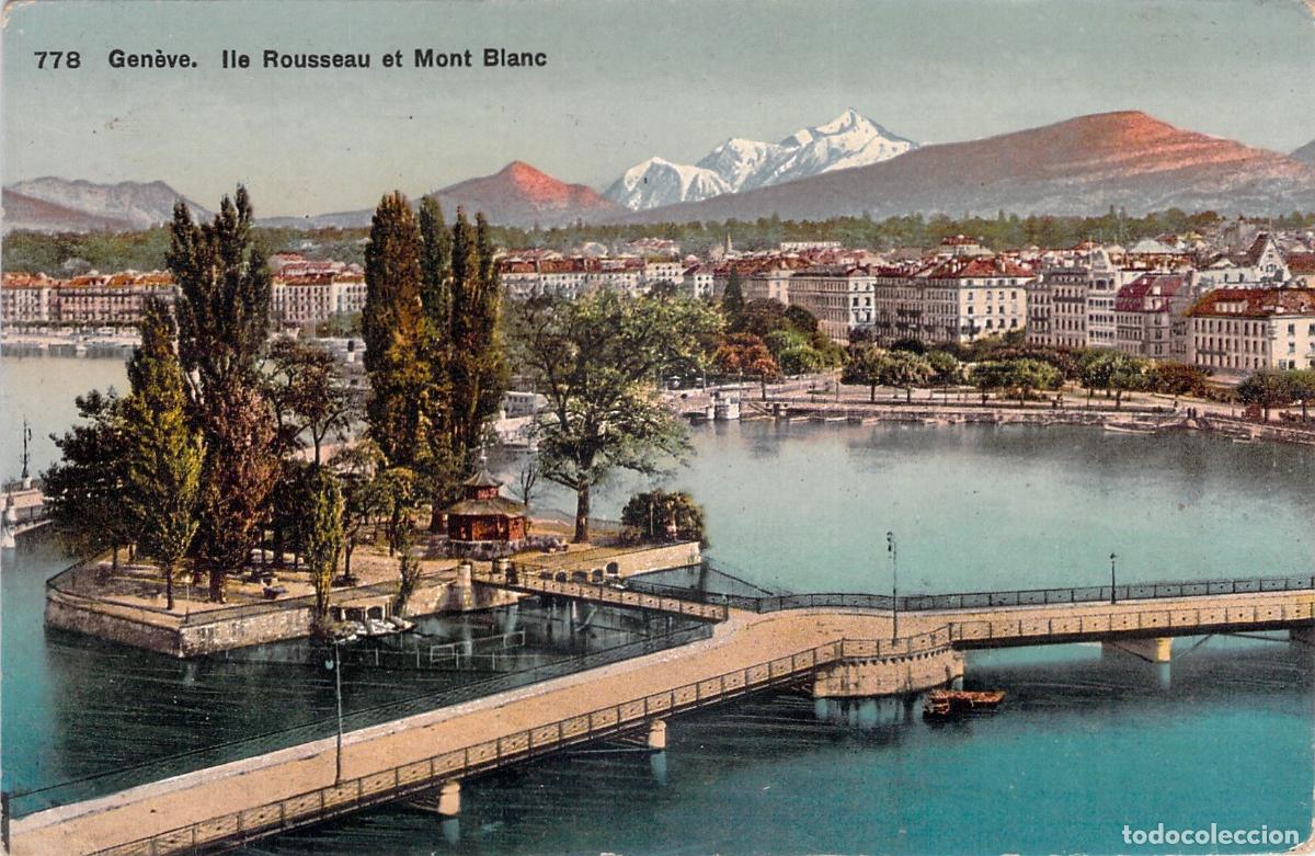 Postales: Postal de Ginebra: Isla Rousseau y el Mont Blanc, Suiza