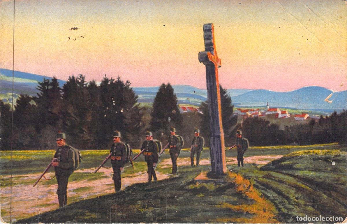 Postales: Postal de Soldados Suizos en Marcha junto a Cruz de Piedra