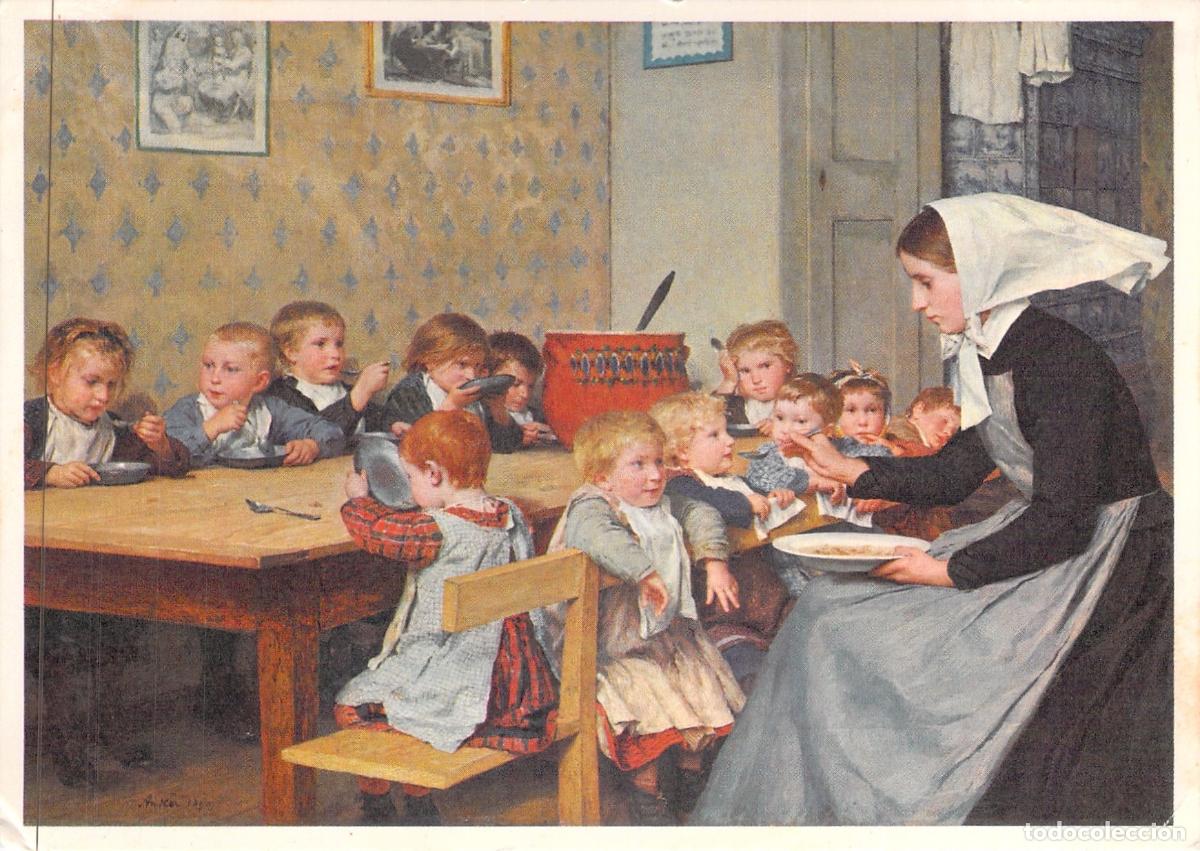 Postales: Postal de Arte Albert Anker - La Guarder&iacute;a Ni&ntilde;os Comiendo