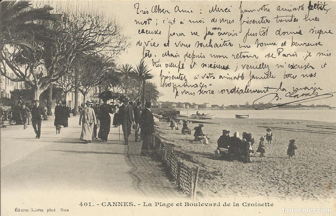 Postkarten: Postal Cannes. La Plage et Boulevard de la Croisette. Francia. Escrita con sello. 9x14 cm. 1904.
