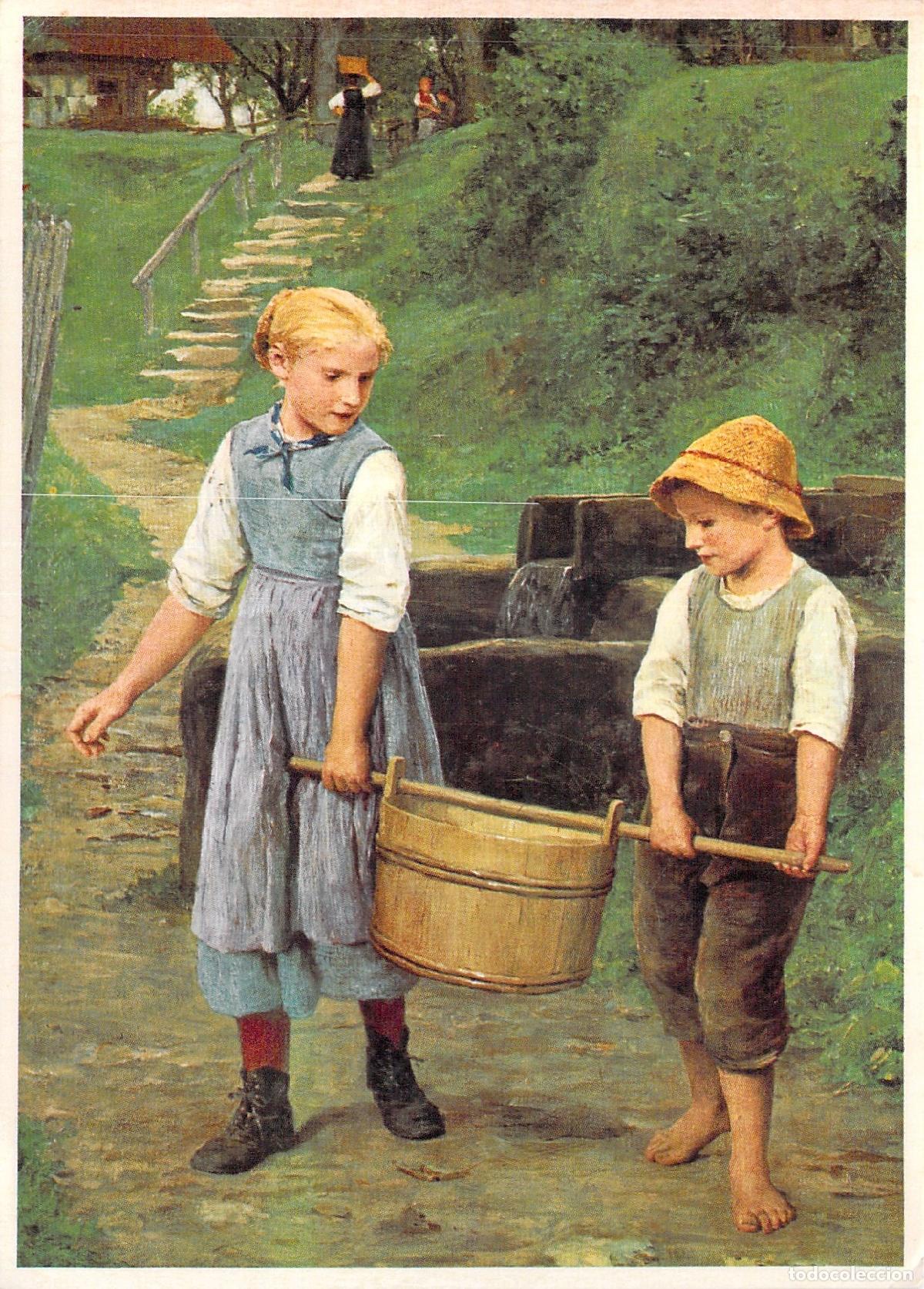 Postales: Postal Albert Anker Ni&ntilde;os Llevando Agua Museo Solothurn