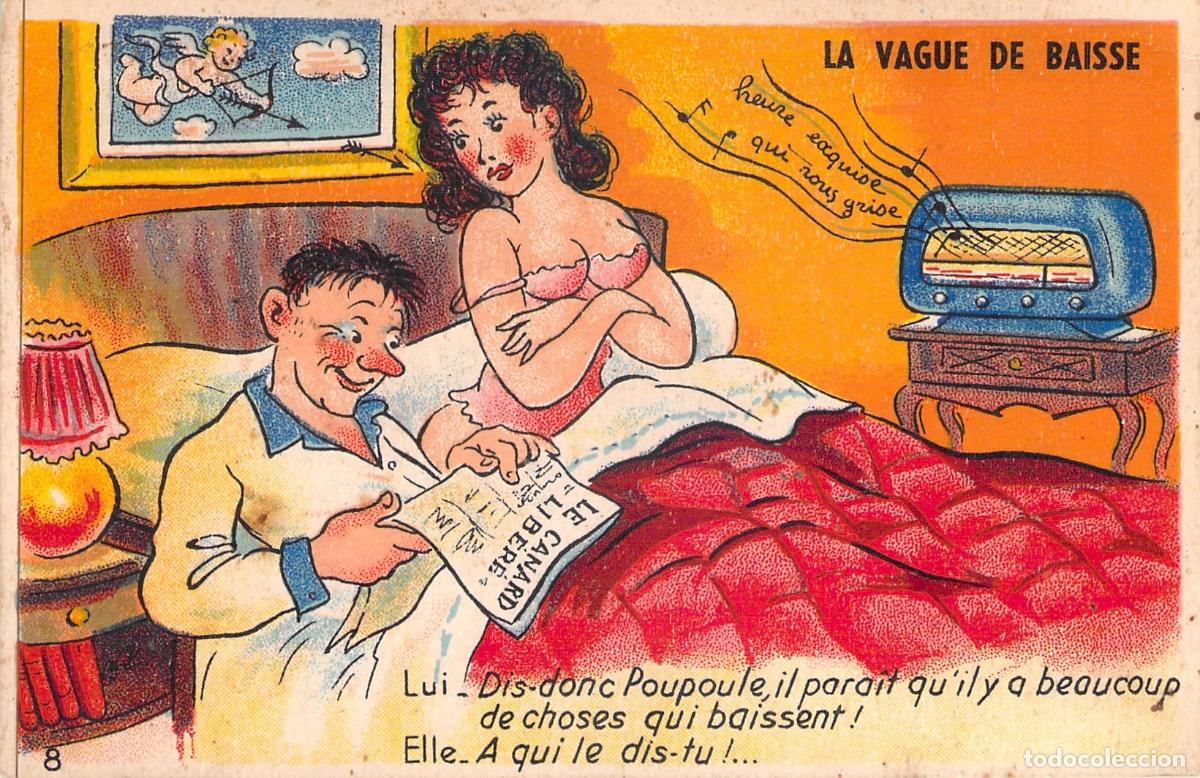 Postales: Postal Humor&iacute;stica Francesa La Vague de Baisse Pareja en Cama