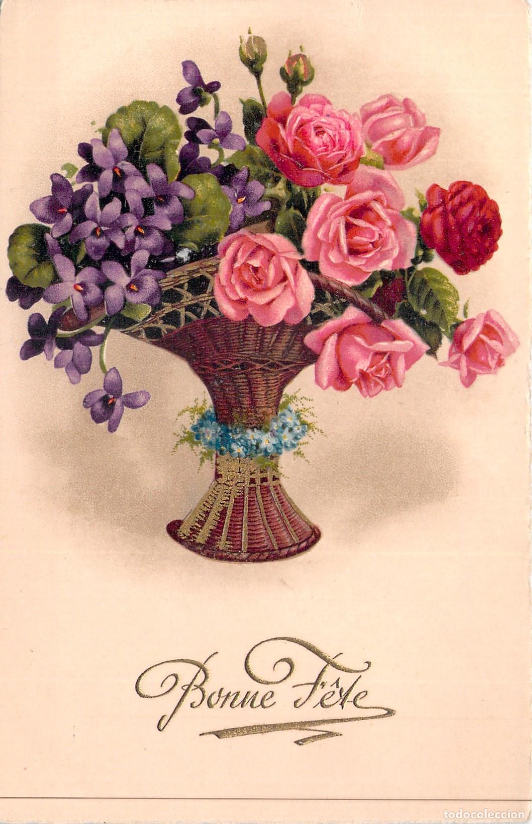 Cartoline: Postal de Bonne F&ecirc;te con Cesta de Rosas y Violetas