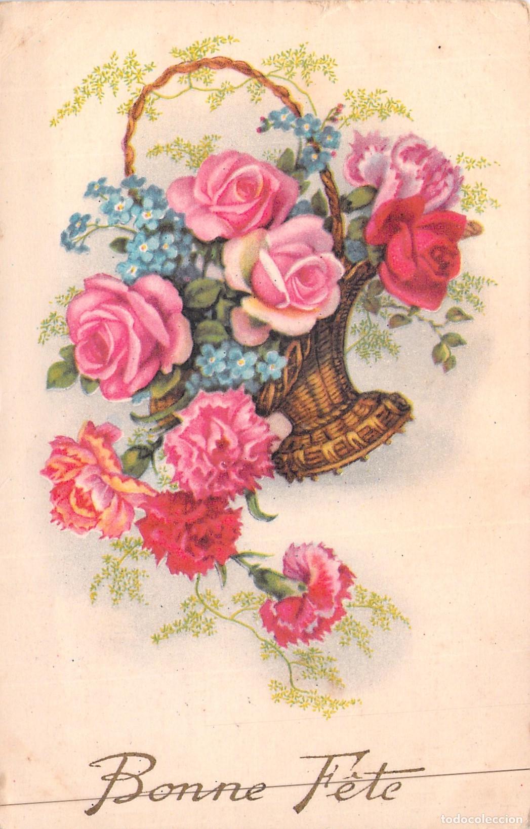 Cartoline: Postal de Felicitaci&oacute;n con Canasta de Rosas y Flores Bonne F&ecirc;te