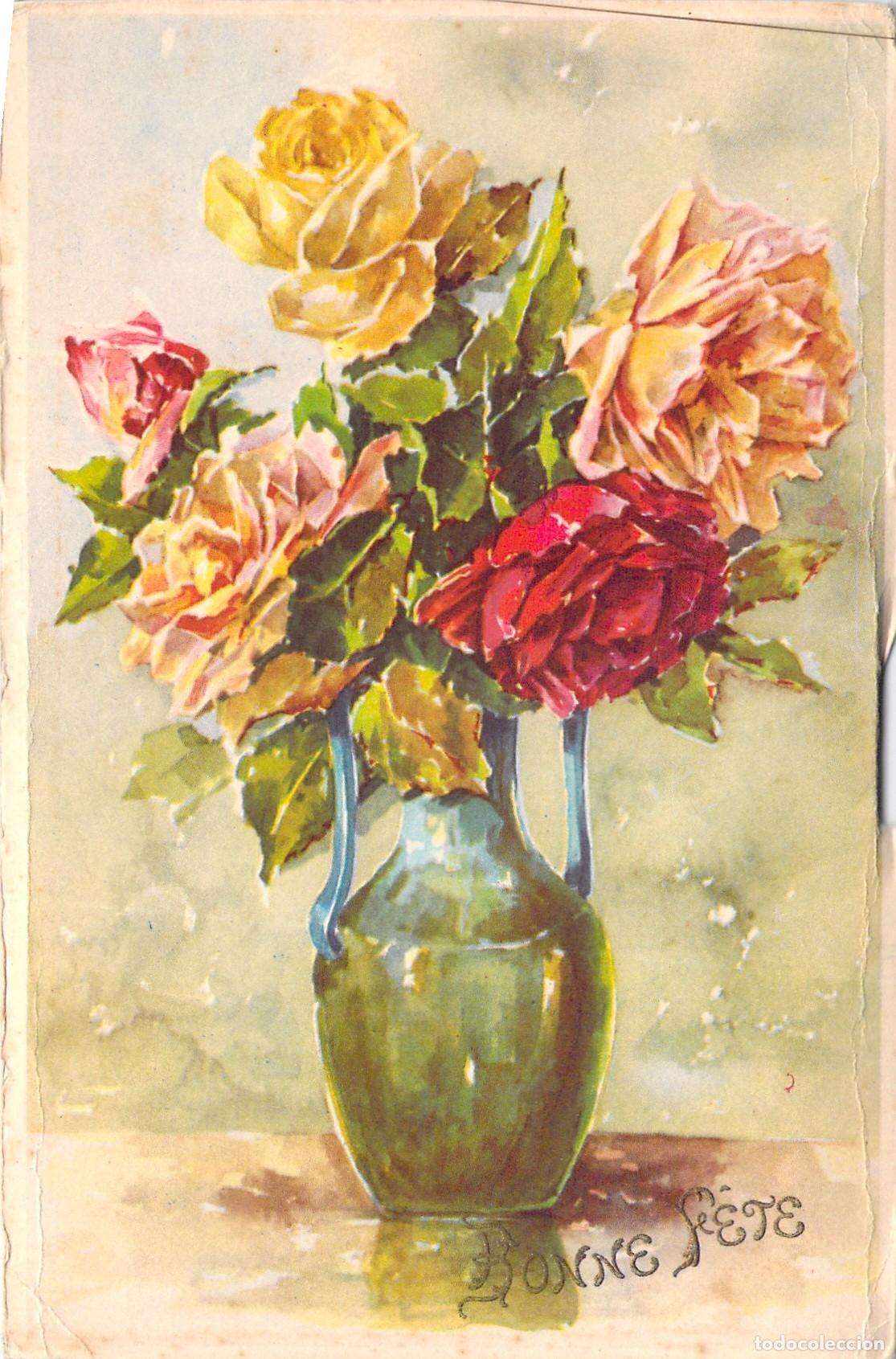 Postales: Postal Art&iacute;stica de Ramo de Rosas en Jarr&oacute;n Bonne F&ecirc;te