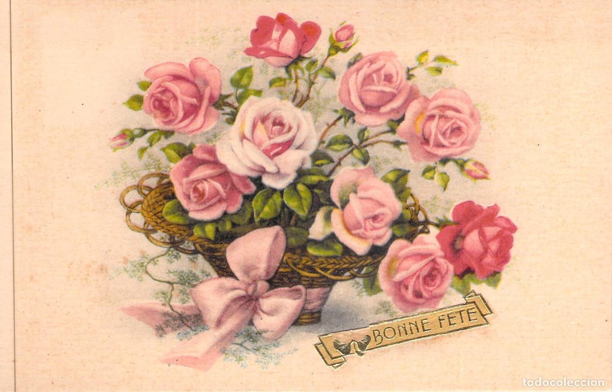 Postales: Postal Francesa de Rosas en Cesto con Lazo Bonne Fete