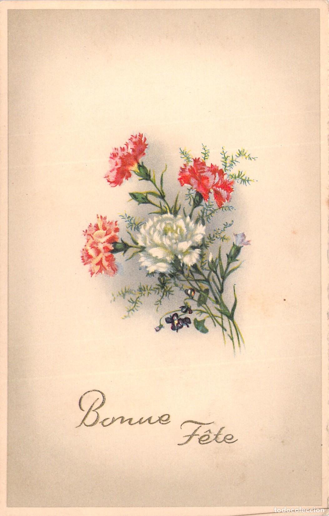 Postales: Postal de Felicitaci&oacute;n Bonne F&ecirc;te con Ilustraci&oacute;n de Claveles