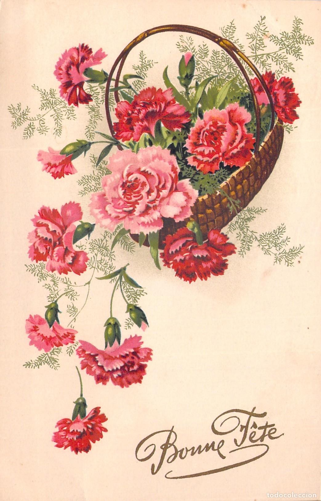 Postales: Postal Ilustrada con Cesta de Claveles y Saludo Bonne F&ecirc;te