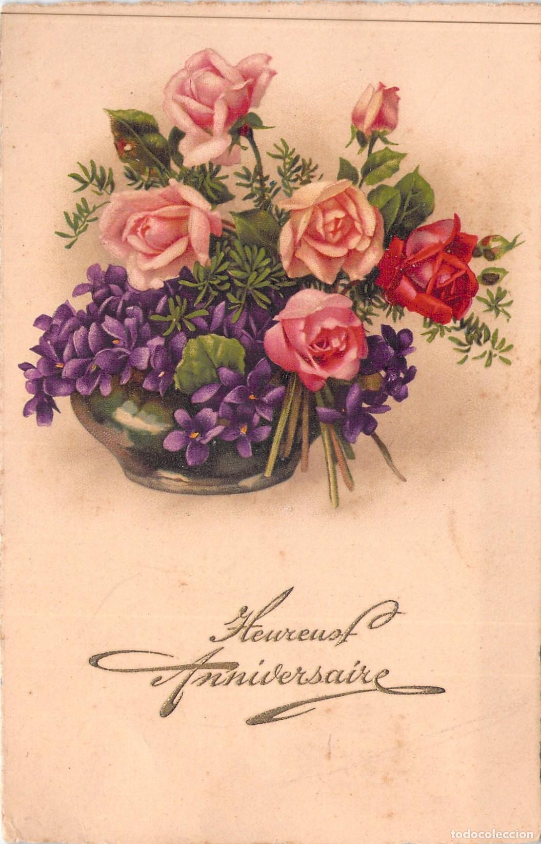 Postales: Postal de Cumplea&ntilde;os con Ramo de Rosas y Violetas