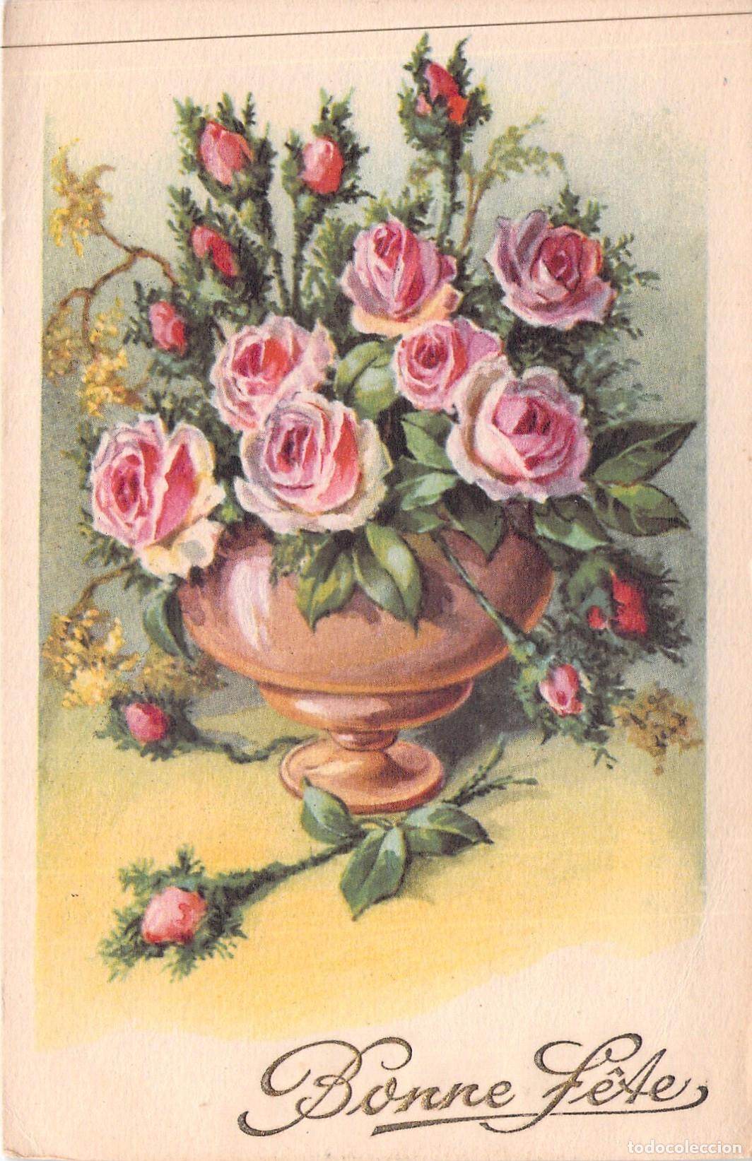 Postales: Postal de Rosas Rosadas en Florero Bonne F&ecirc;te Francia