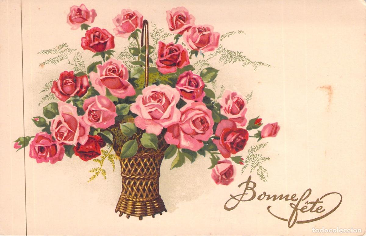 Postales: Postal de Felicitaci&oacute;n con Cesta de Rosas - Bonne F&ecirc;te