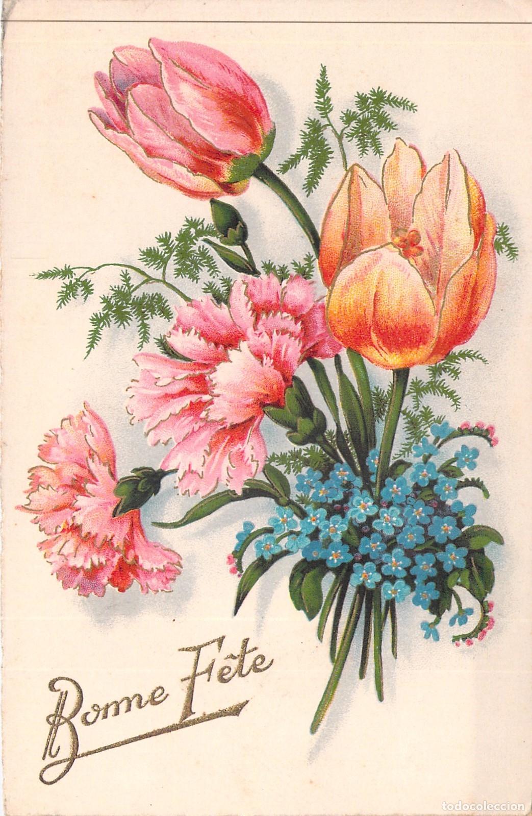 Postales: Postal Ilustrada de Flores con Texto Bonne F&ecirc;te Impresa en Alemania