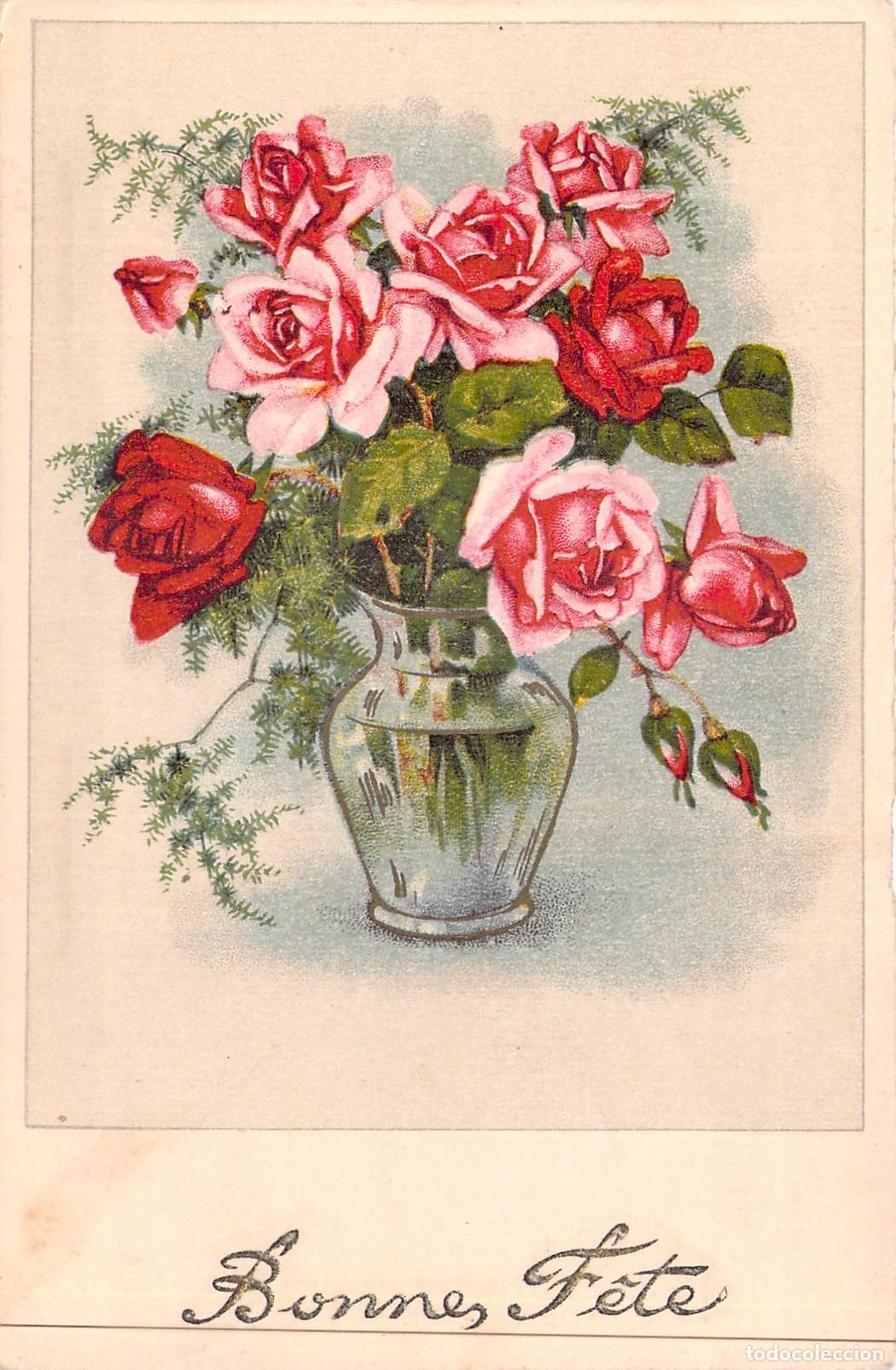 Postales: Postal de Felicitaci&oacute;n con Ramo de Rosas en Jarr&oacute;n