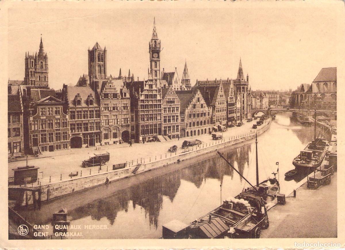 Postales: Postal de Gante, B&eacute;lgica - Muelle de las Hierbas (Graslei) y R&iacute;o Lys