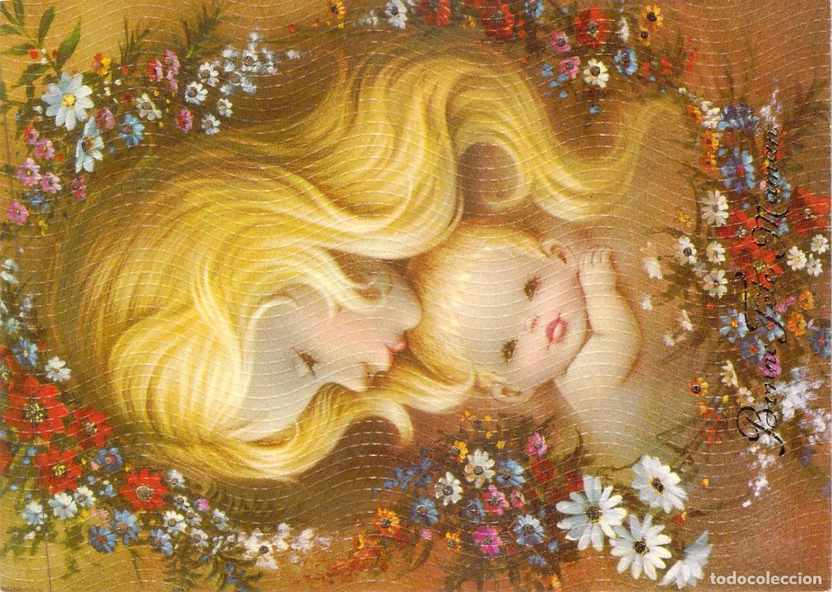 Postales: Postal Ilustraci&oacute;n Madre e Hijo con Flores - D&iacute;a de la Madre