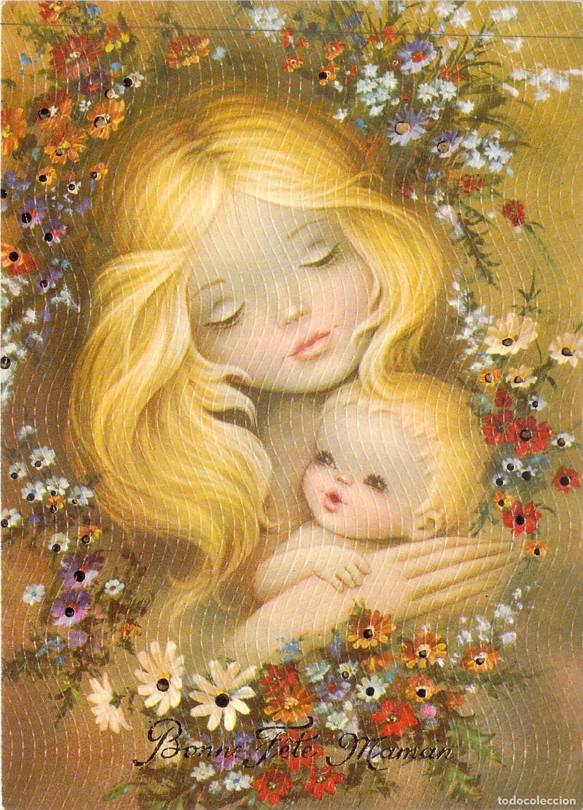 Postales: Postal Ilustrada Madre e Hijo con Flores Bonne F&ecirc;te Maman