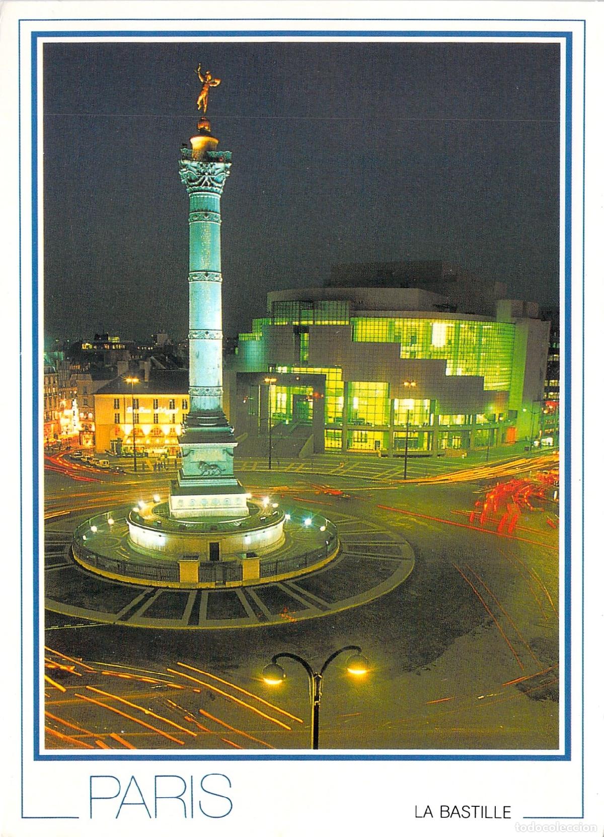 Postales: Postal de Par&iacute;s: Plaza de la Bastilla y &Oacute;pera de la Bastilla de Noche