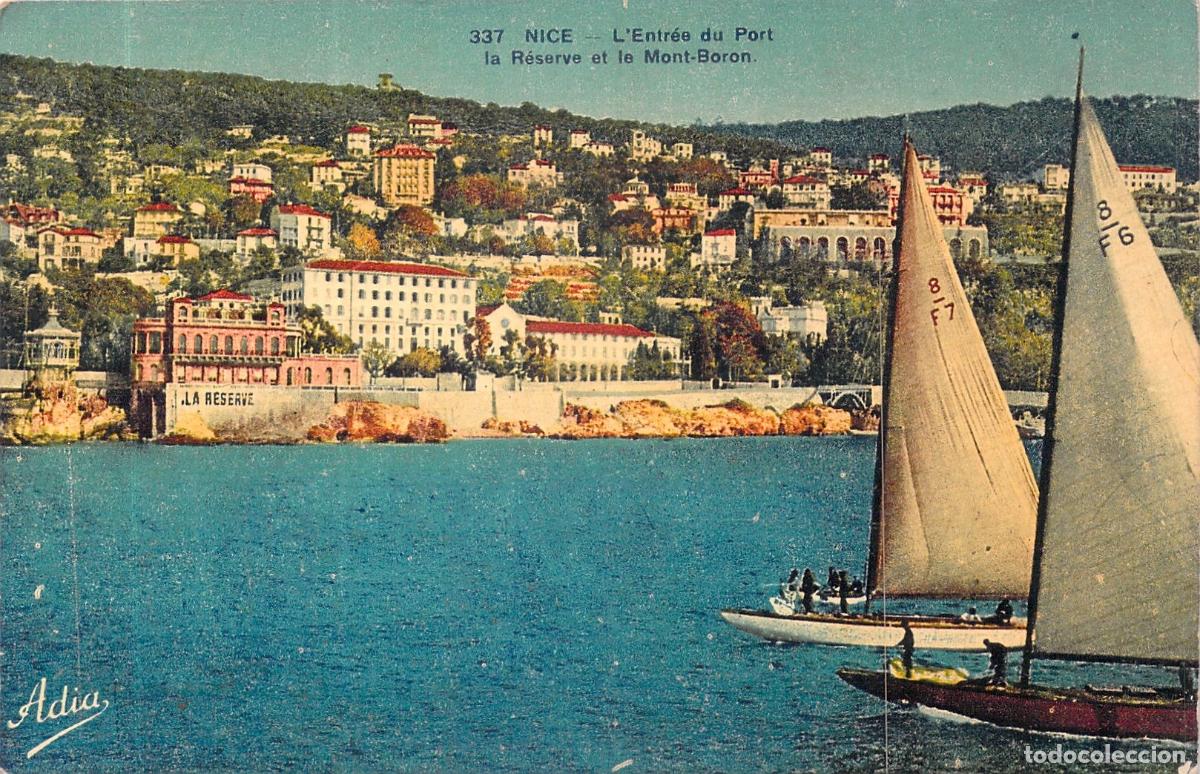 Postkarten: Postal de Niza: Entrada al Puerto, La R&eacute;serve y el Mont-Boron con Veleros