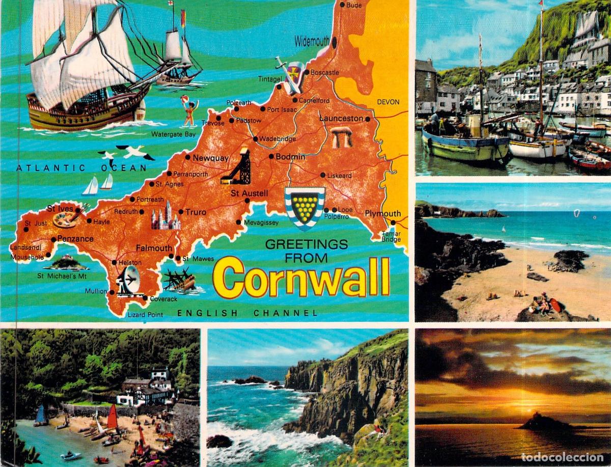Postales: Postal de Saludos de Cornwall Inglaterra con Mapa y Vistas