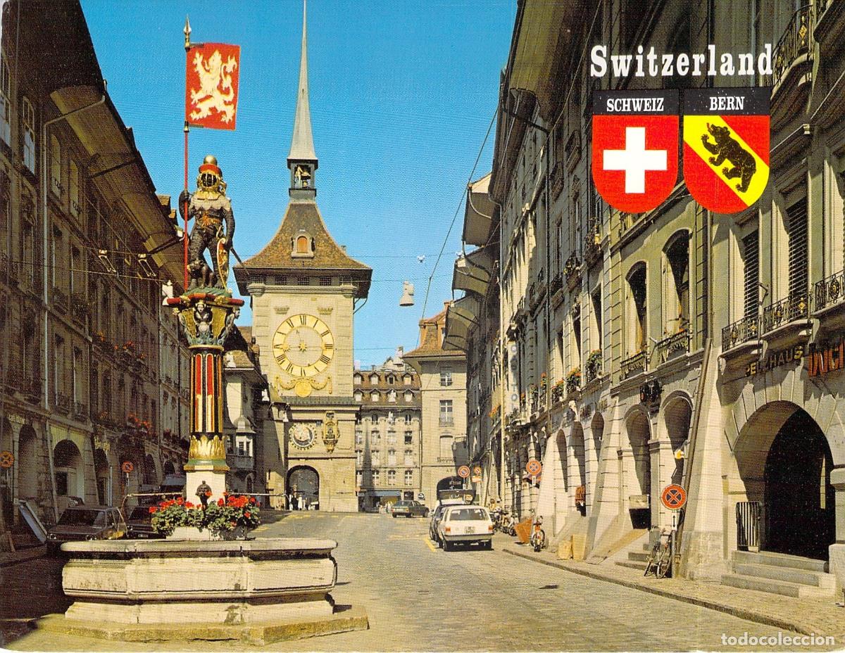 Postales: Postal de Berna Suiza con Torre del Reloj y Fuente Z&auml;hringer