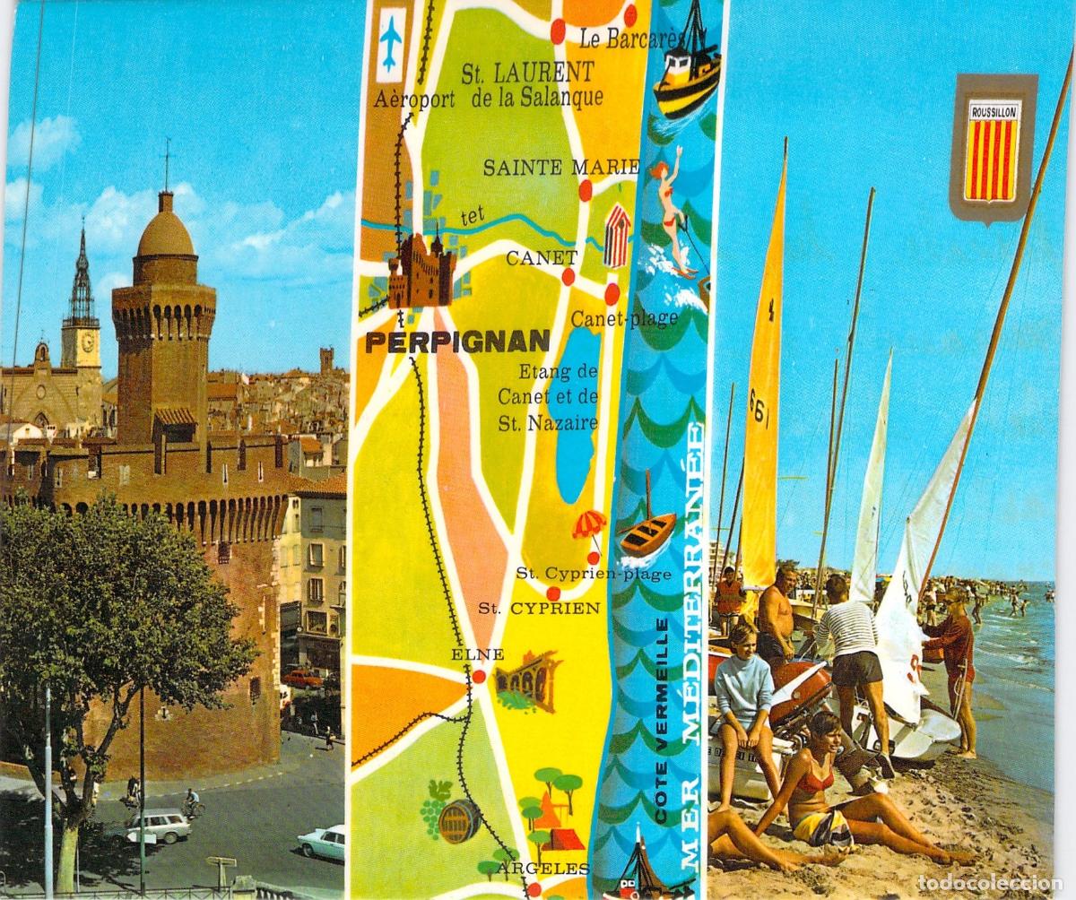 Postales: Postal de Perpignan, El Castillet y Playas Catalanas con Mapa Tur&iacute;stico