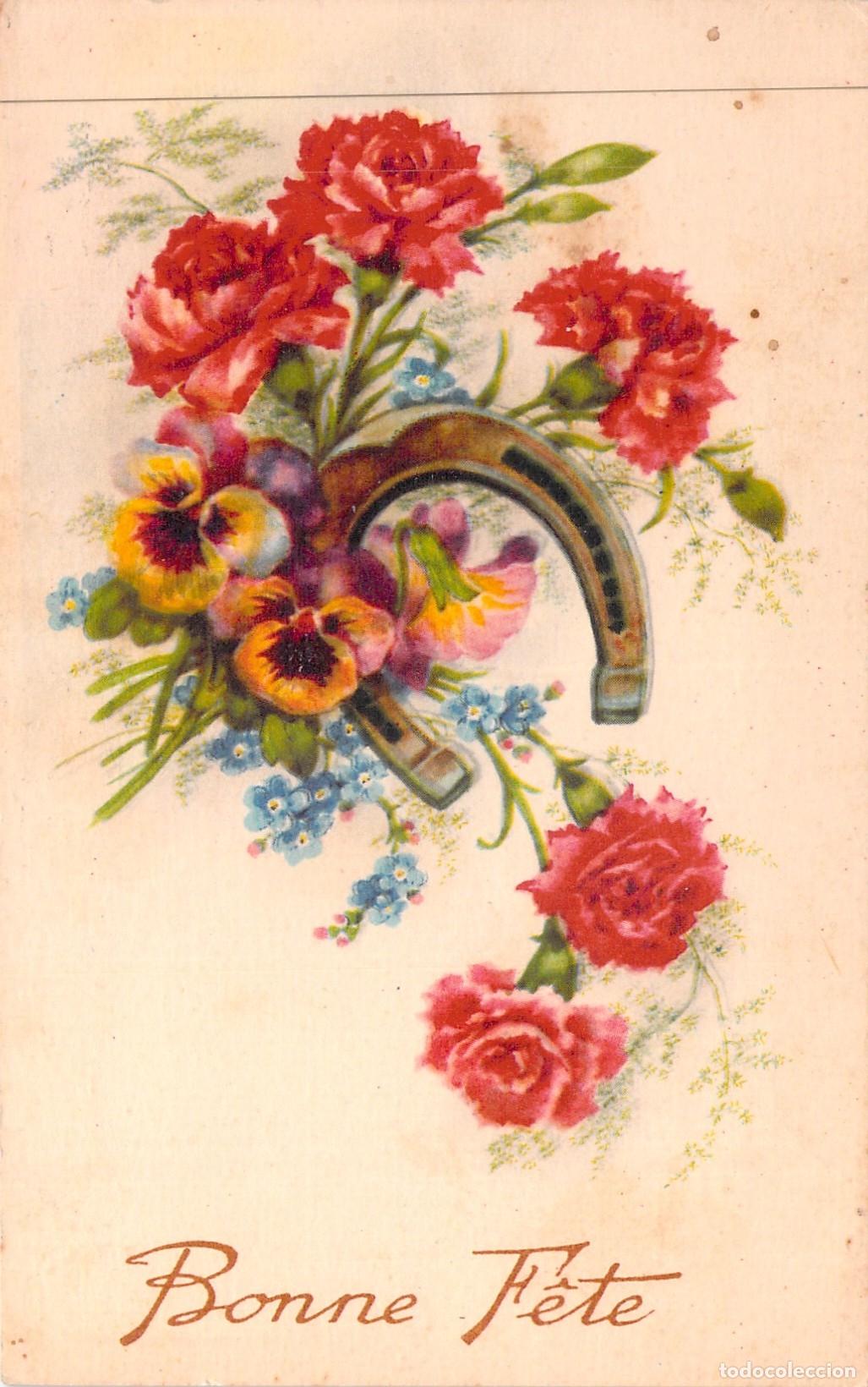 Postales: Postal de Felicitaci&oacute;n Bonne F&ecirc;te con Herradura y Flores