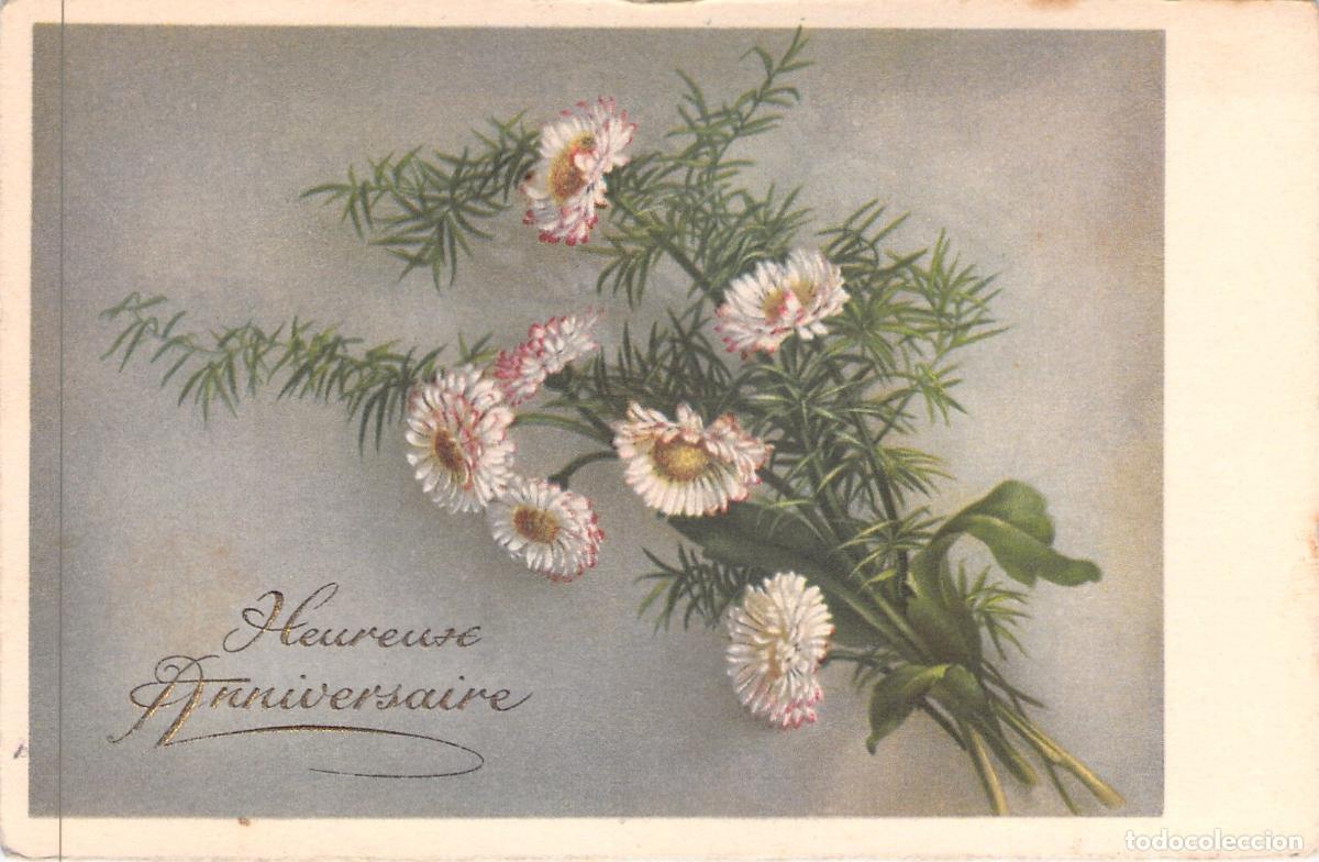 Postales: Postal de Felicitaci&oacute;n Heureuse Anniversaire con Margaritas Ilustradas