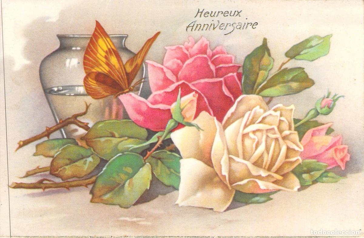 Postales: Postal Francesa de Feliz Cumplea&ntilde;os con Rosas y Mariposa