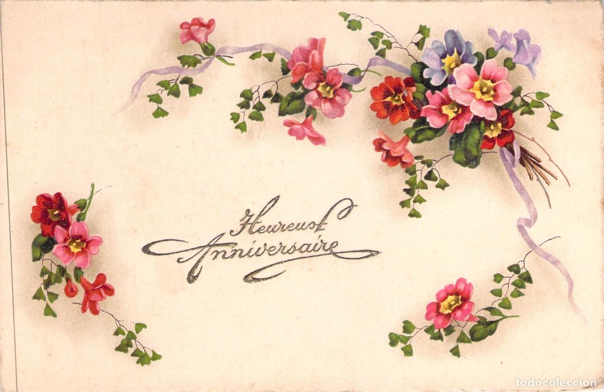 Postales: Postal Francesa de Feliz Cumplea&ntilde;os con Hermosa Ilustraci&oacute;n de Flores
