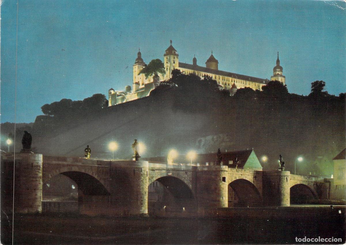 Postcards: Postal de W&uuml;rzburg: Fortaleza Marienberg y Puente Viejo de Noche