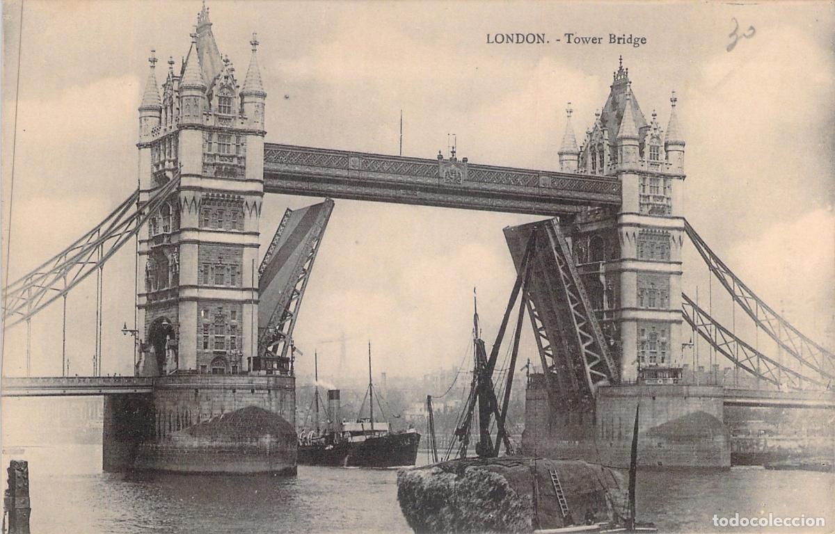 Postales: Postal de Londres: El Puente de la Torre (Tower Bridge) Levantado