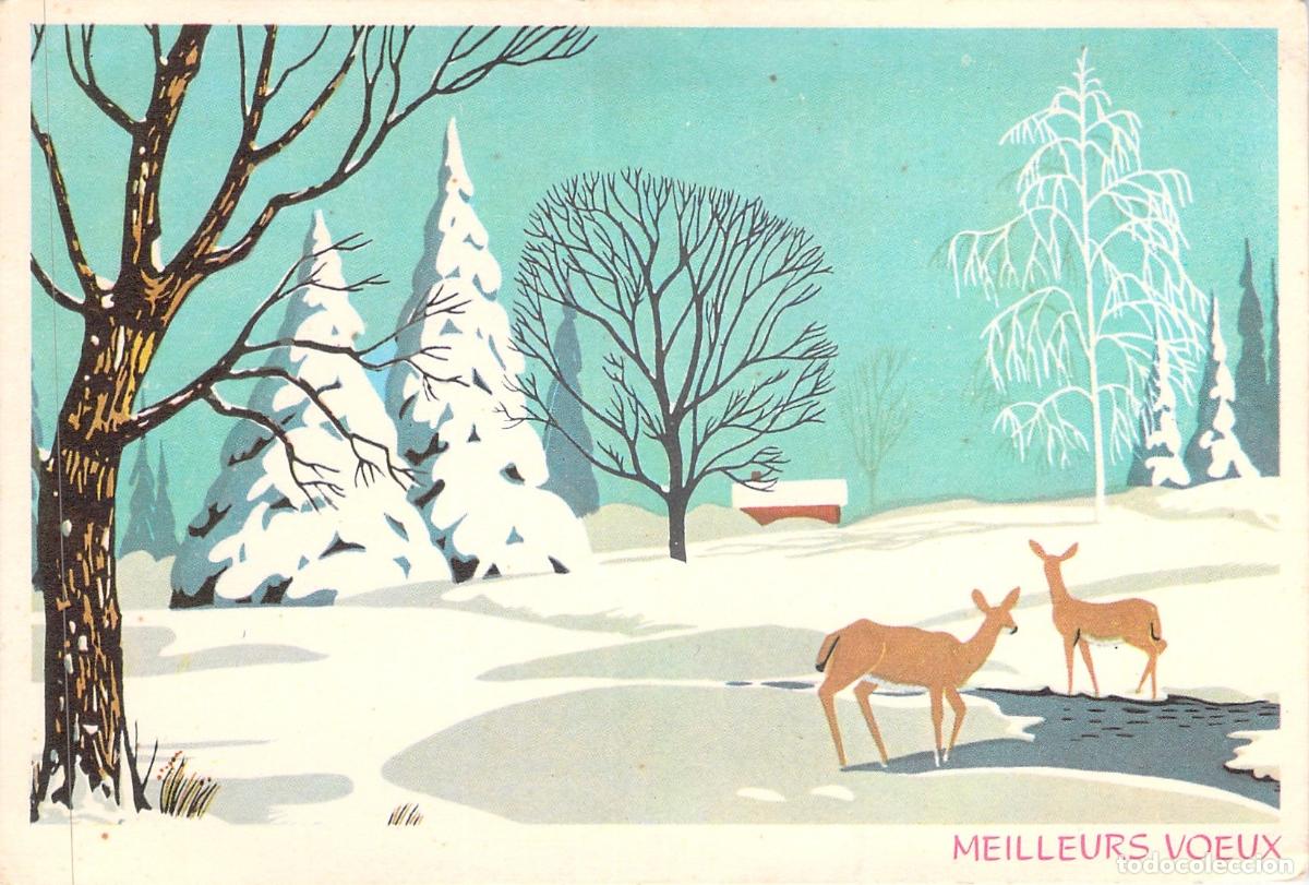 Postkarten: Postal Ilustrada de A&ntilde;o Nuevo con Ciervos en Paisaje Nevado