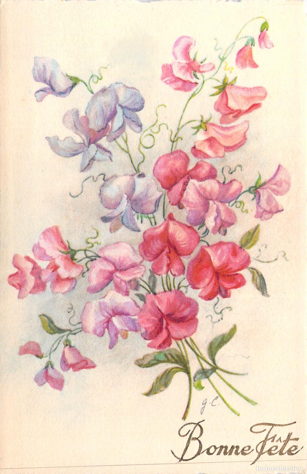 Postkarten: Postal de Felicitaci&oacute;n Bonne F&ecirc;te con Guisantes de Olor Ilustrados
