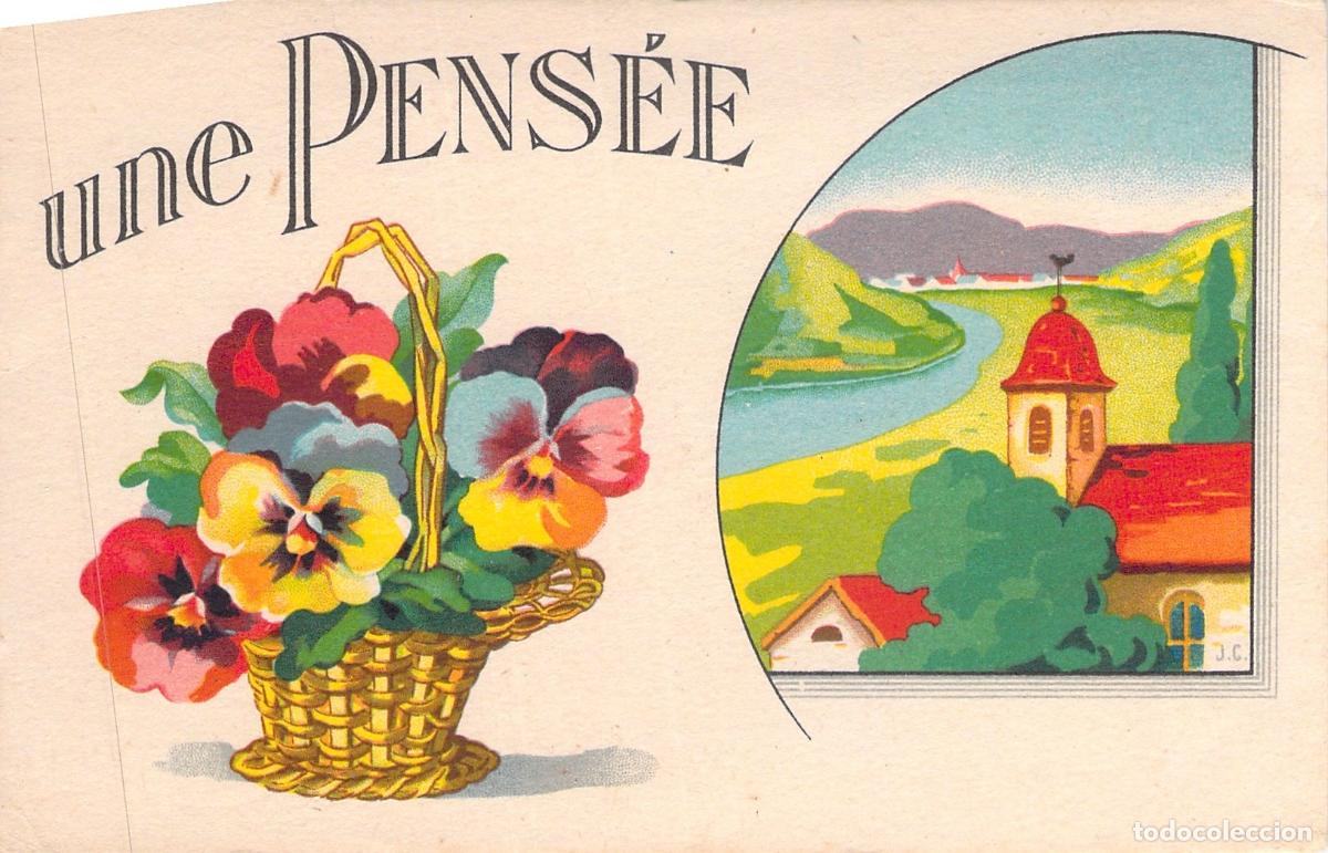 Postcards: Postal Ilustrada une Pens&eacute;e con Cesta de Flores y Paisaje