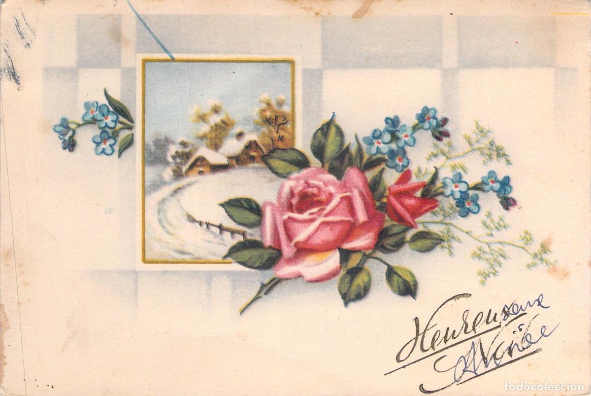 Postales: Postal de A&ntilde;o Nuevo con Rosas y Paisaje Invernal Nevado