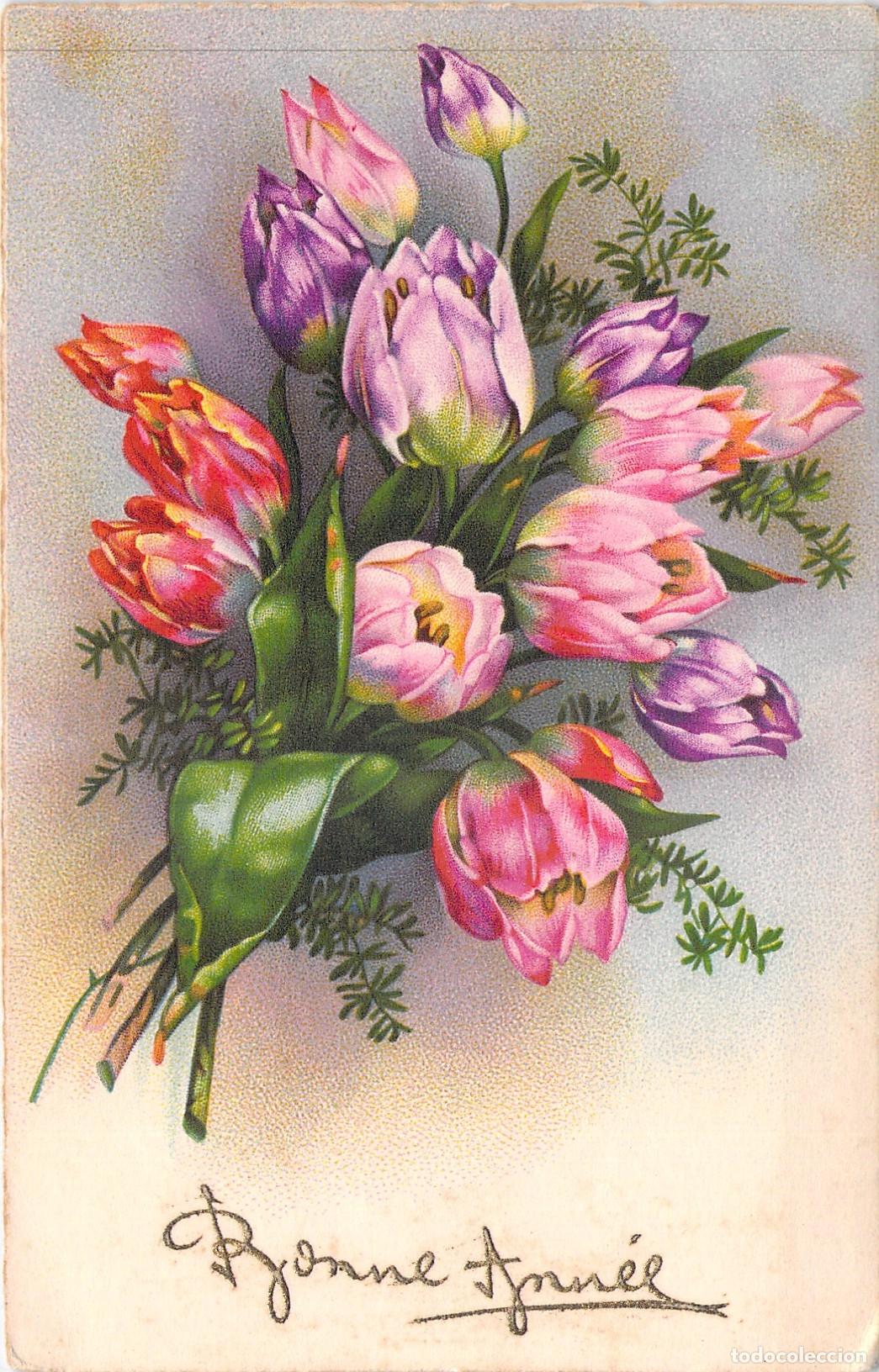 Postales: Postal de Felicitaci&oacute;n de A&ntilde;o Nuevo con Ramillete de Tulipanes Ilustrados