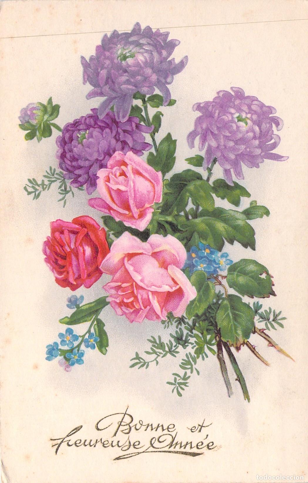 Postales: Postal de Felicitaci&oacute;n de A&ntilde;o Nuevo con Ilustraci&oacute;n de Flores