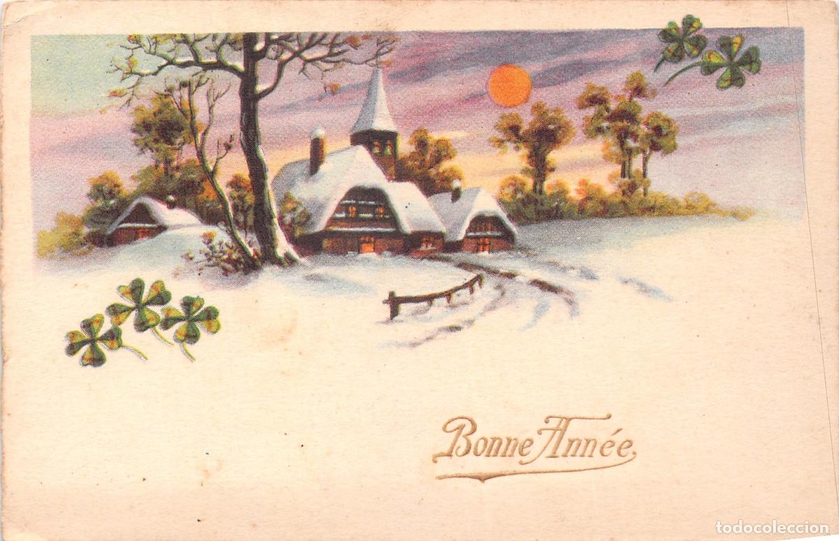 Postales: Postal de A&ntilde;o Nuevo con Paisaje Invernal Nevado y Tr&eacute;boles de la Suerte