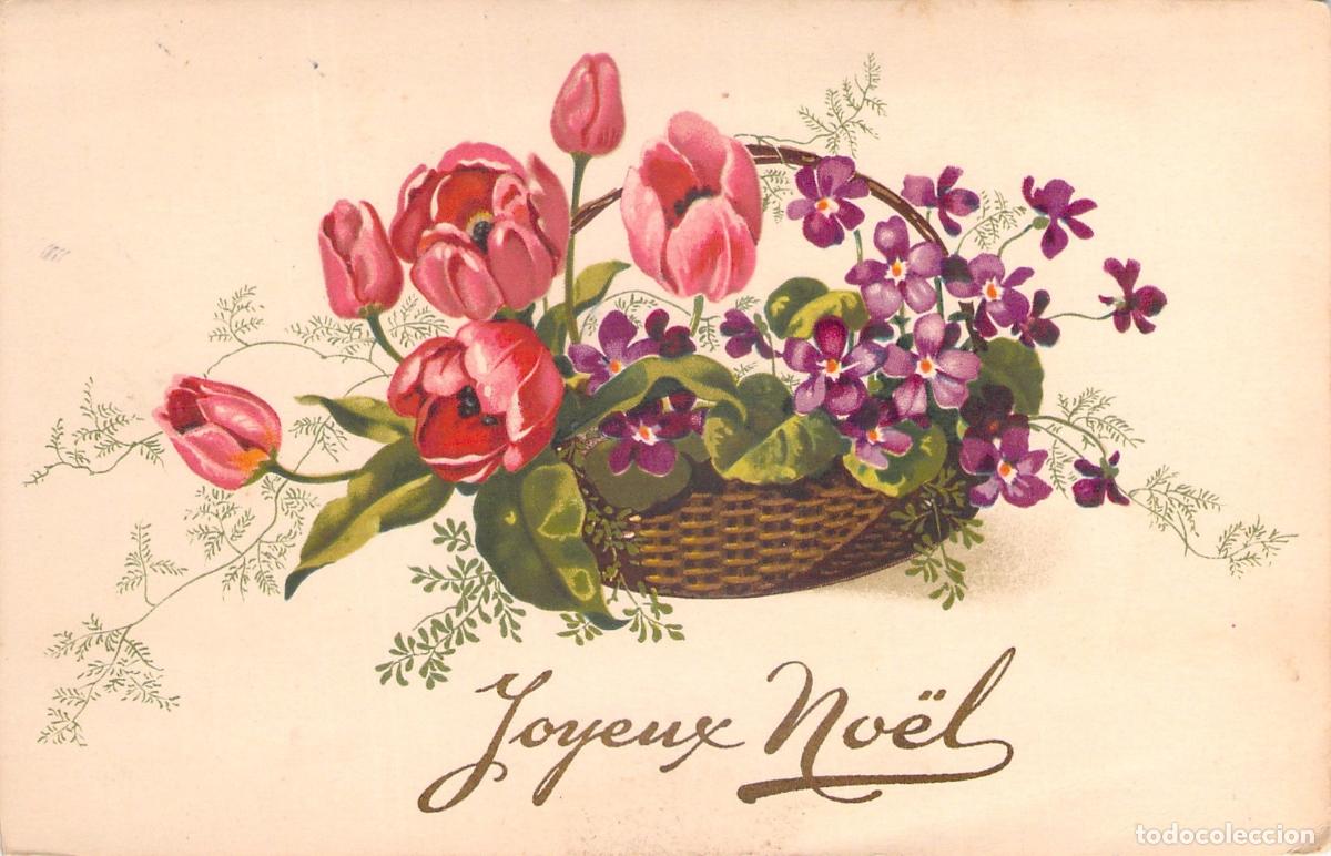 Postales: Postal de Navidad Joyeux No&euml;l con Cesta de Tulipanes y Violetas