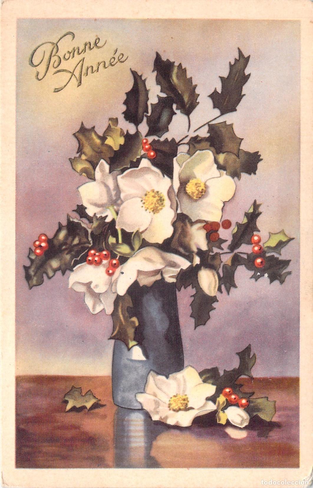 Postales: Postal Francesa de Feliz A&ntilde;o Nuevo con Flores y Acebo