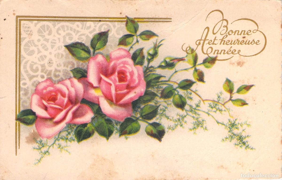 Postales: Postal de A&ntilde;o Nuevo con Rosas Rosas y Detalles Dorados