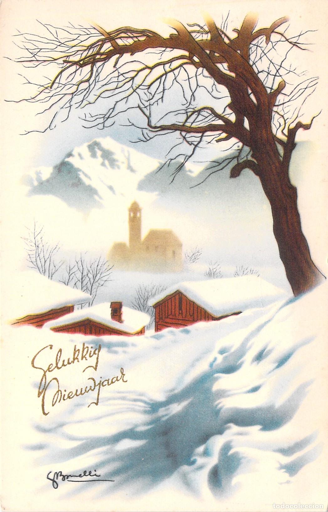 Postales: Postal de A&ntilde;o Nuevo con Paisaje de Invierno Ilustrado por Brunelli