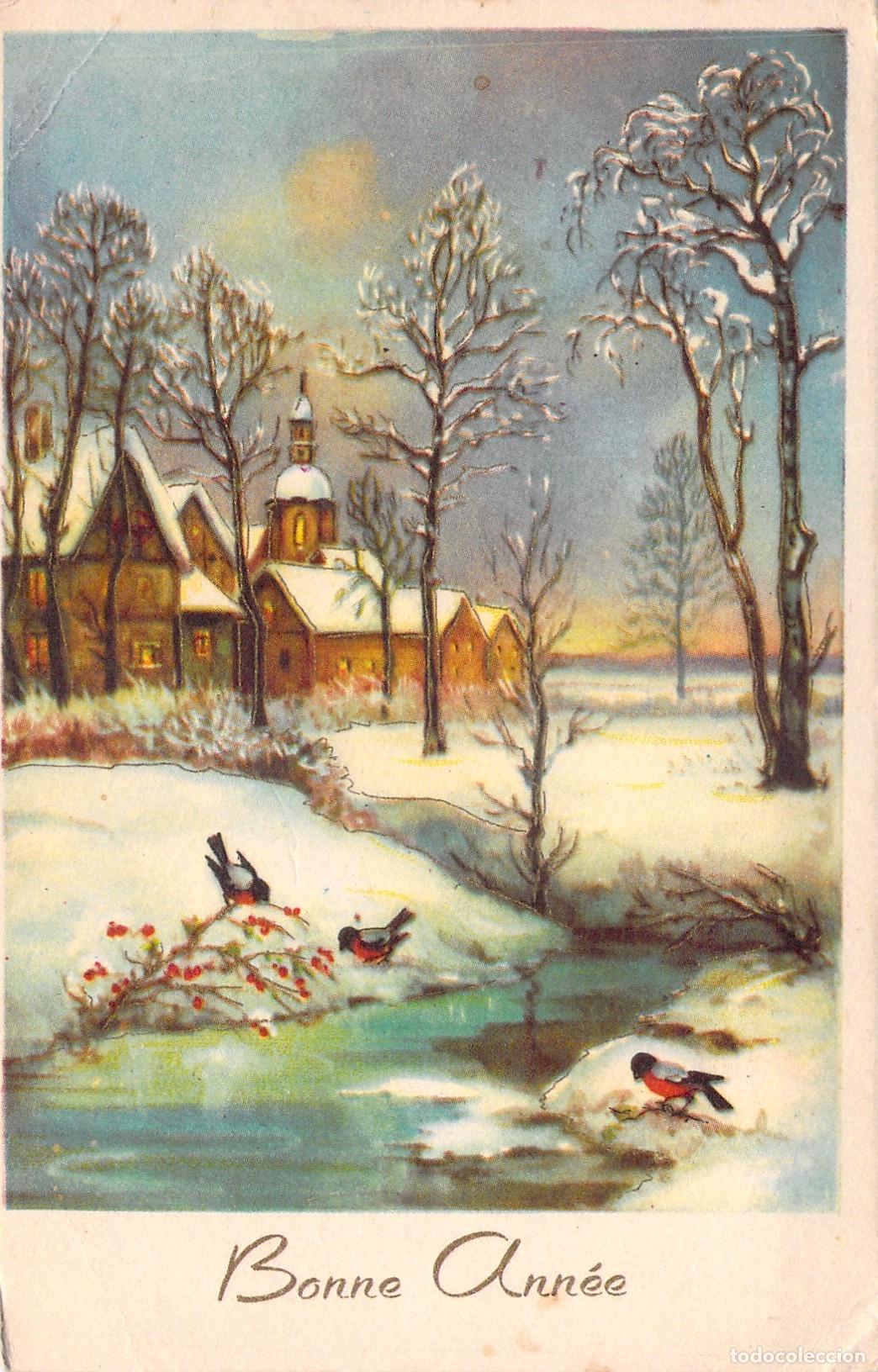 Postales: Postal de A&ntilde;o Nuevo Bonne Ann&eacute;e con Paisaje Invernal y P&aacute;jaros