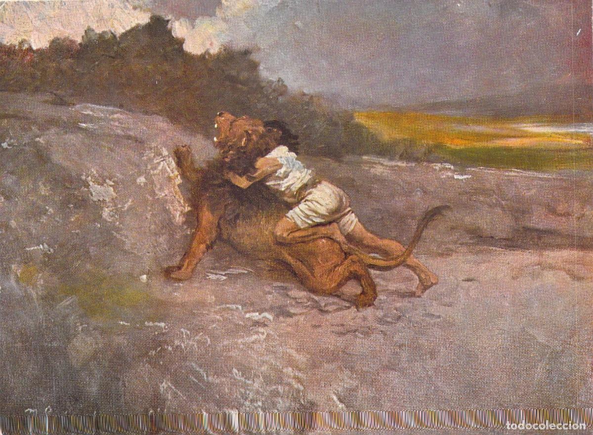 Postales: Postal Ilustraci&oacute;n B&iacute;blica Sans&oacute;n y el Le&oacute;n por Robert Leinweber