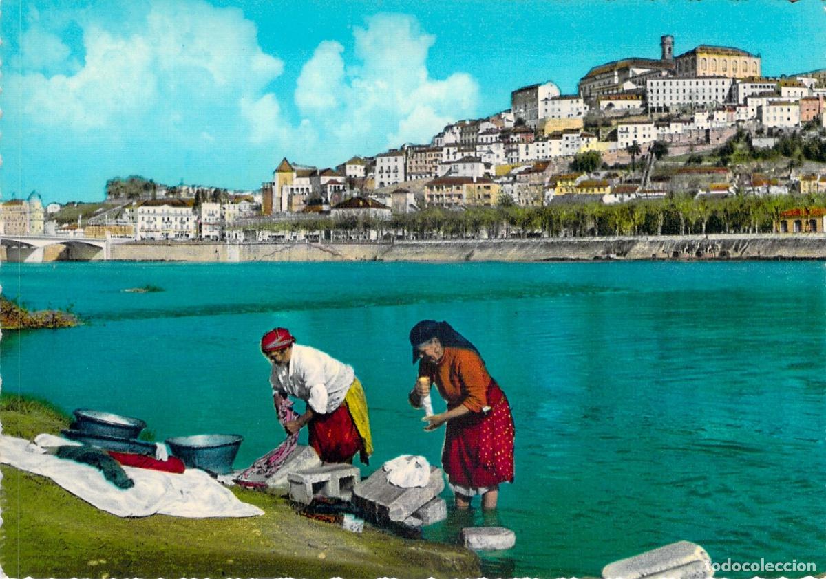 Postales: Postal de Coimbra Vista Parcial y R&iacute;o Mondego con Lavanderas Portugal